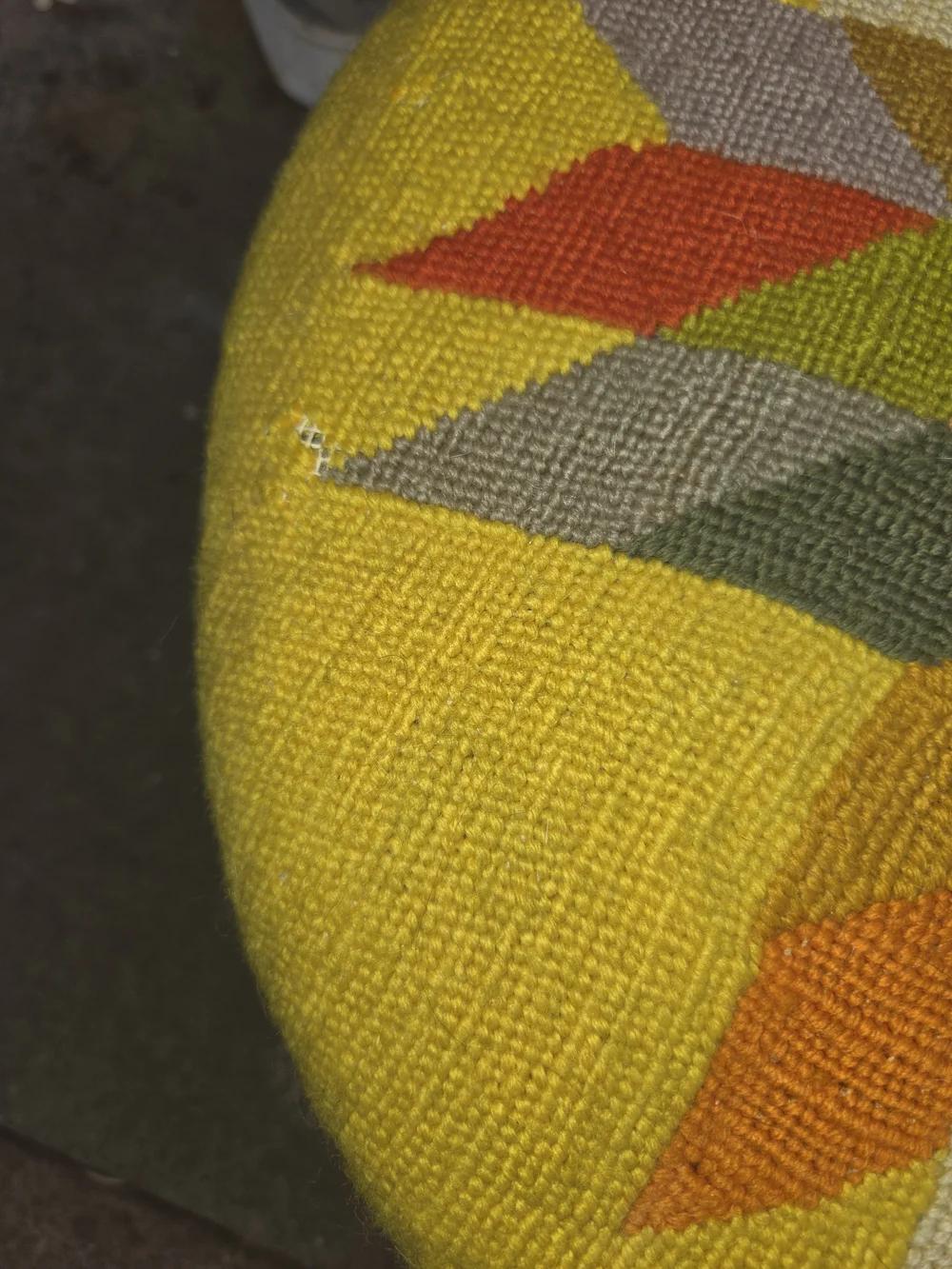 Vintage Mid Century Modern Needlepoint Footstool - Round Geometric